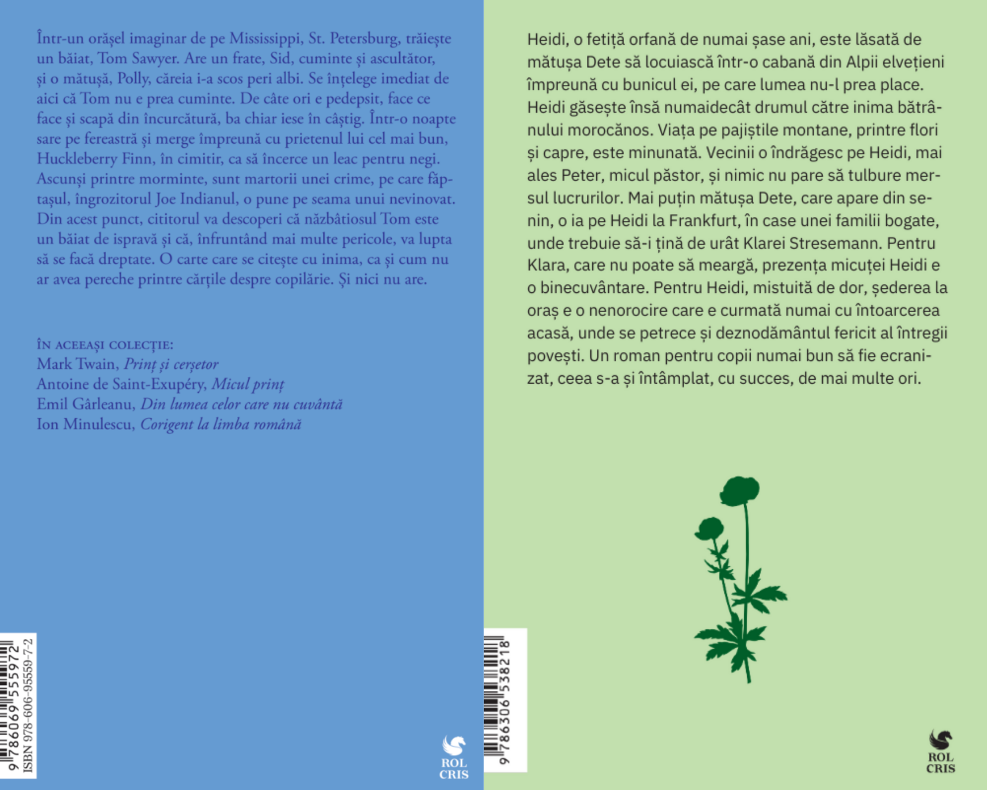 Pachet Aventurile lui Tom Sawyer Mark Twain. Heidi fetita muntilor, Johanna Spyri, Rolcris